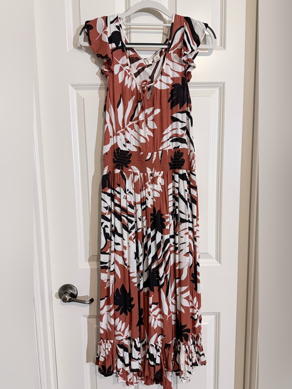 Roxy Rust Brown Botanical Print Maxi Skirt with Black & White Leaves